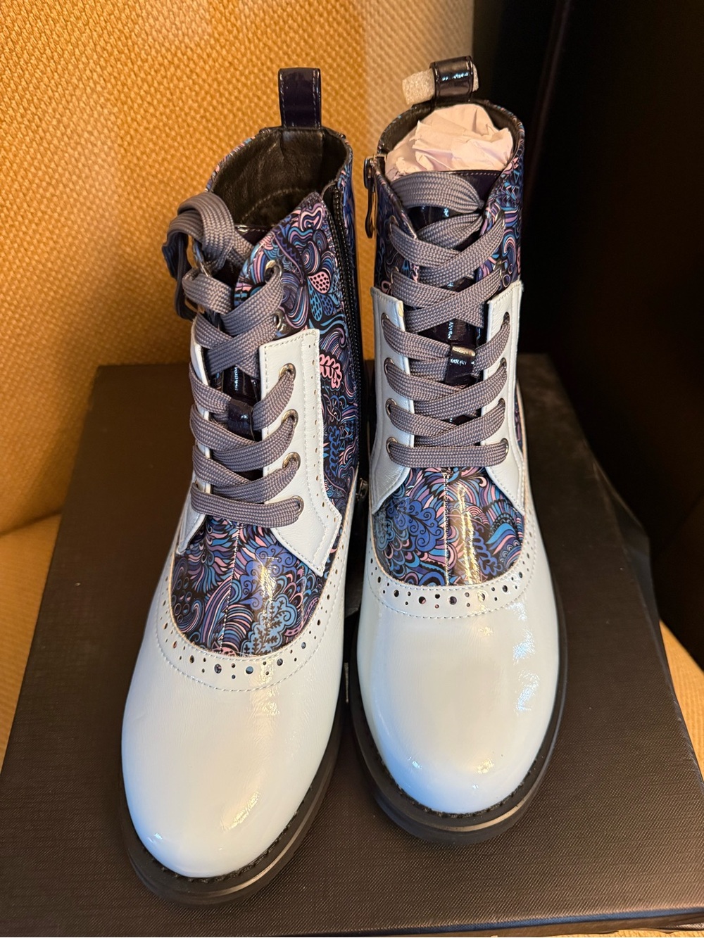 Women’s Light Blue Patent Leather Lace-Up Boots with Multi-Color Paisley Panel